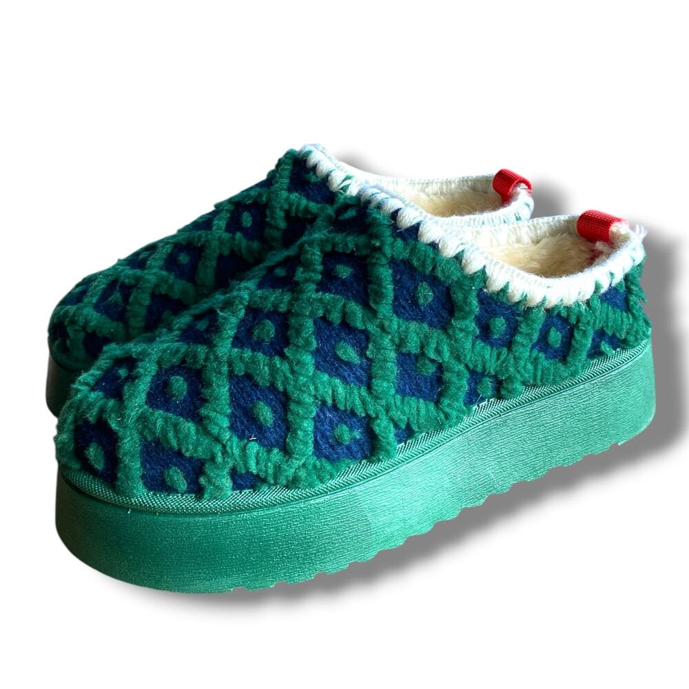 Midnight Lunch Alpine Platform Sole Slippers Fleece Sherpa Navy Green Sz 38 US 7
